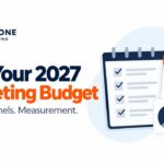 2027 marketing budget cover with a calendar, checklist and allocation graphic